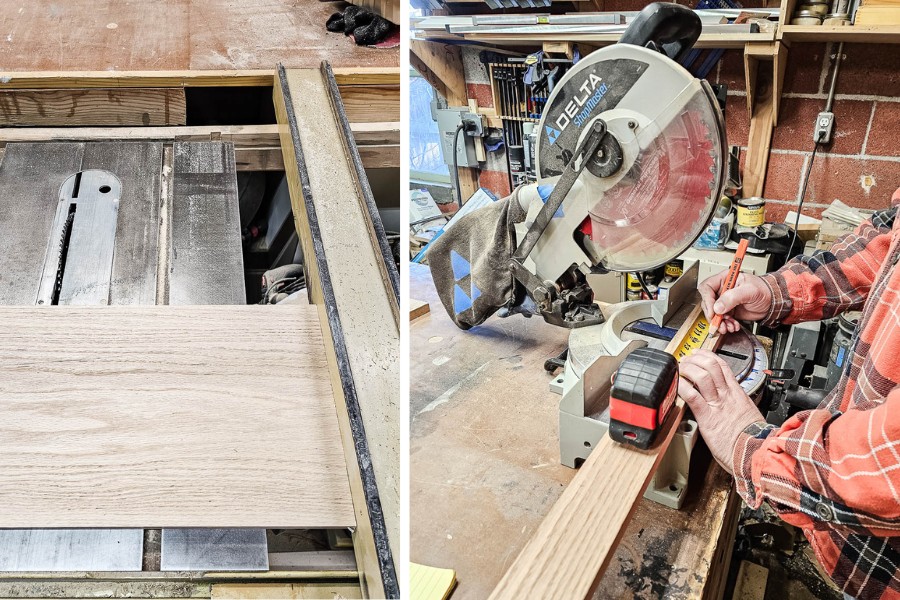 A photo of a man cutting the wood using miter saw and table saw.