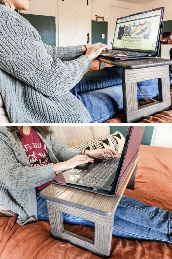A collage photo of a woman comfortably using the DIY lap desk with her laptop on the bed.