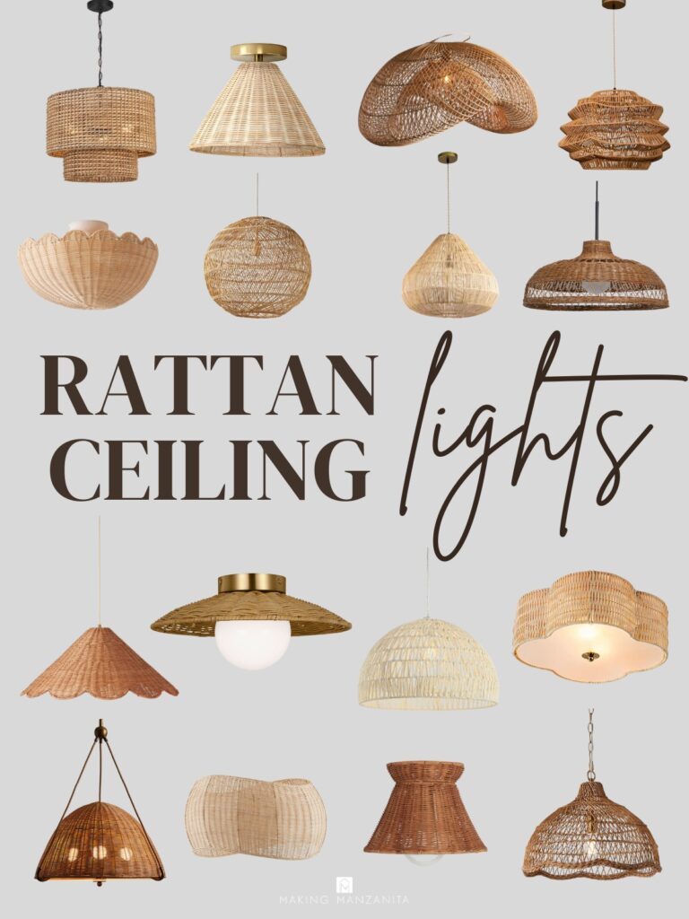 Collage of several different rattan light fixtures to hanging from your ceiling, from flush-mount light fixtures to hanging pendants and chandeliers made with wicker