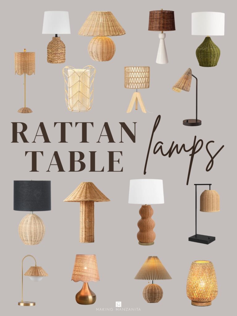 Collage of 16 different rattan table lamps