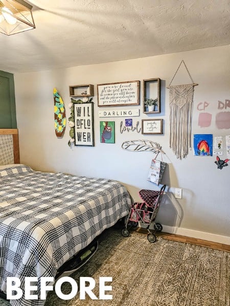 Another view of the bedroom's green accent wall before the update.