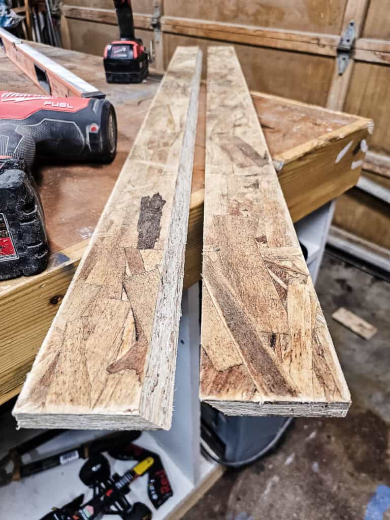A photo of wood being prepared to create a French cleat.
