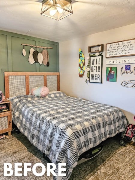 Another before photo of the bedroom with a green accent wall.