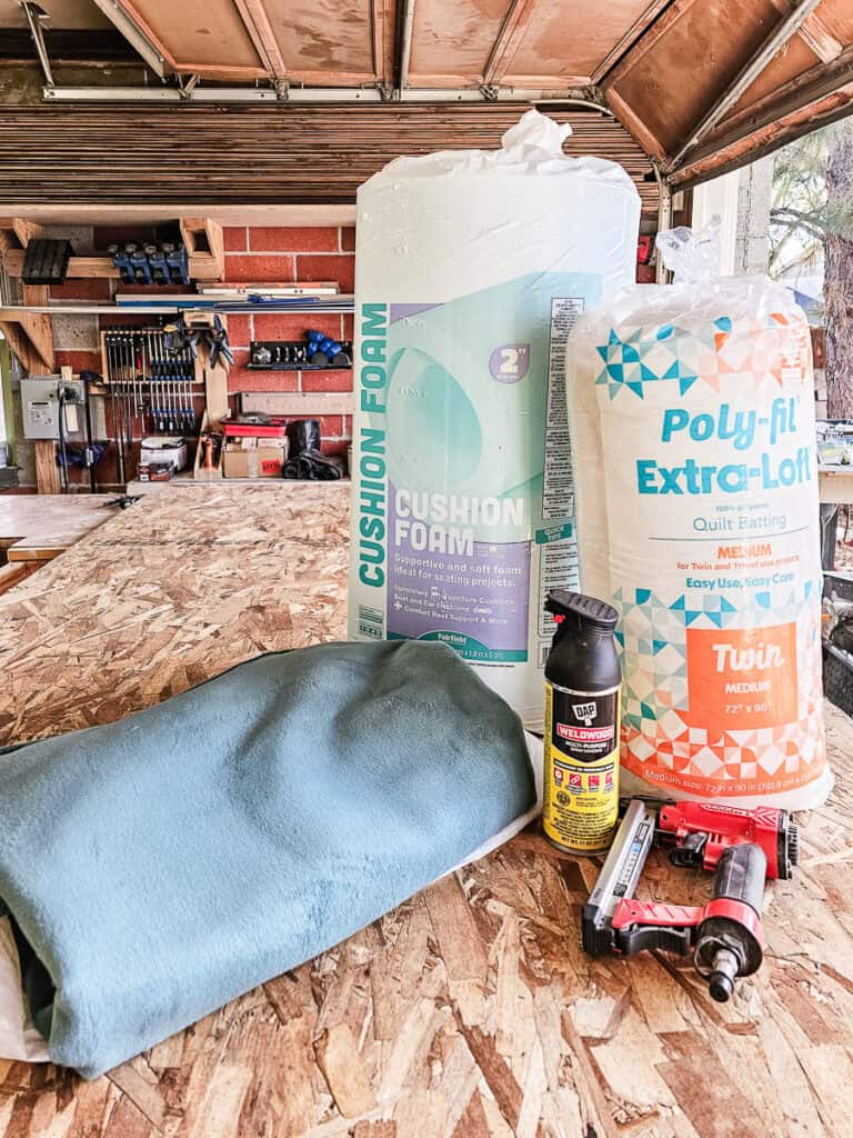 Supplies and materials for making a DIY cloud headboard with a cushion