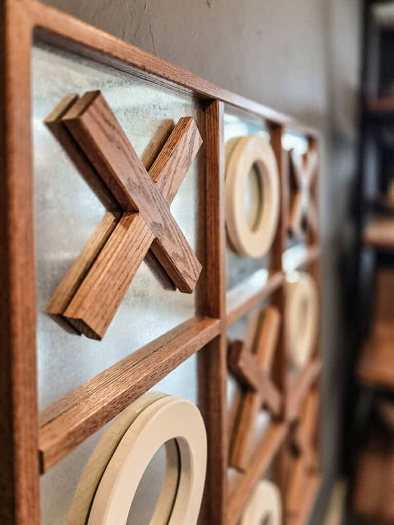 A close-up photo showcasing the details of the DIY Tic Tac Toe board.