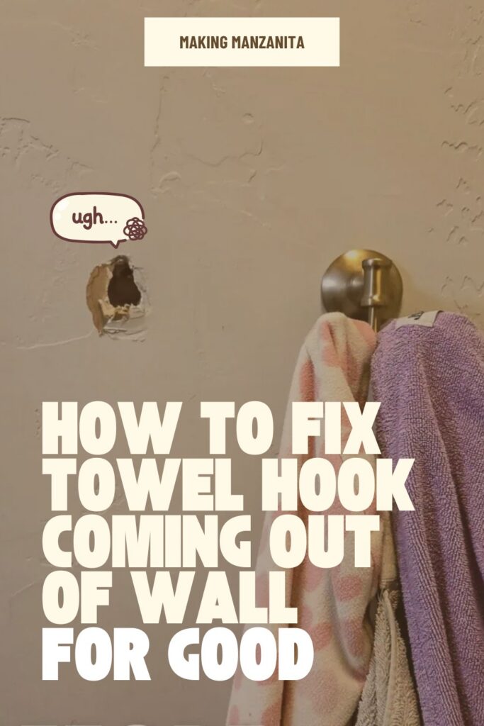 Bathroom towel hook coming out of the wall before DIY repair with wood blocking.