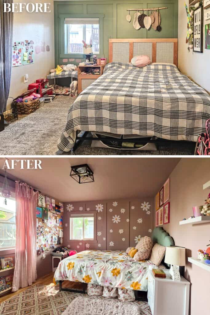 Before and after comparison of a girl's bedroom makeover, showing the transformation from a neutral farmhouse-style room with green accent walls and plaid bedding to a cozy blush pink bedroom featuring hand-painted daisy walls, floral bedding, blush velvet curtains, and colorful personalized decor.