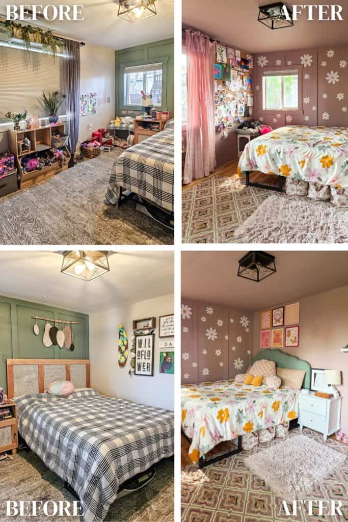 Before and after collage of a girl's bedroom makeover, showcasing the transformation from a neutral bedroom with green accent walls and plaid bedding to a blush pink floral bedroom with daisy-painted walls, pink curtains, and colorful decor.