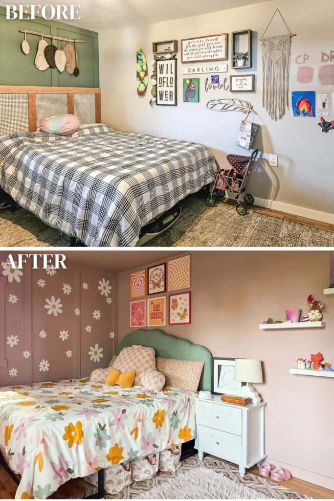 Before and after comparison of a girl's bedroom makeover, highlighting the transformation from a neutral bedroom with green accent walls, plaid bedding, and eclectic decor to a soft blush pink space with daisy-painted walls, floral bedding, a scalloped sage green headboard, and colorful artwork.