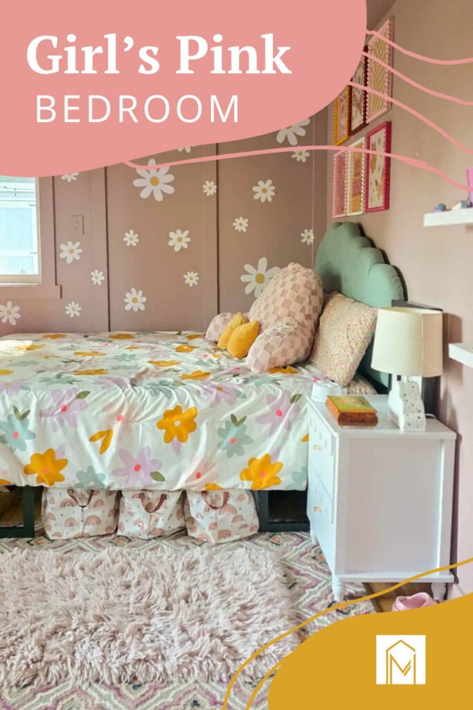 Girl's pink bedroom reveal with floral bedding, daisy wall decals, and a scalloped headboard.